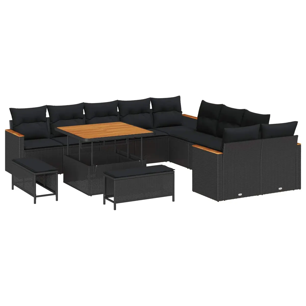 Garden Sofa Set Poly Rattan Solid Acacia Wood 13 Piece Black Outdoor Furniture