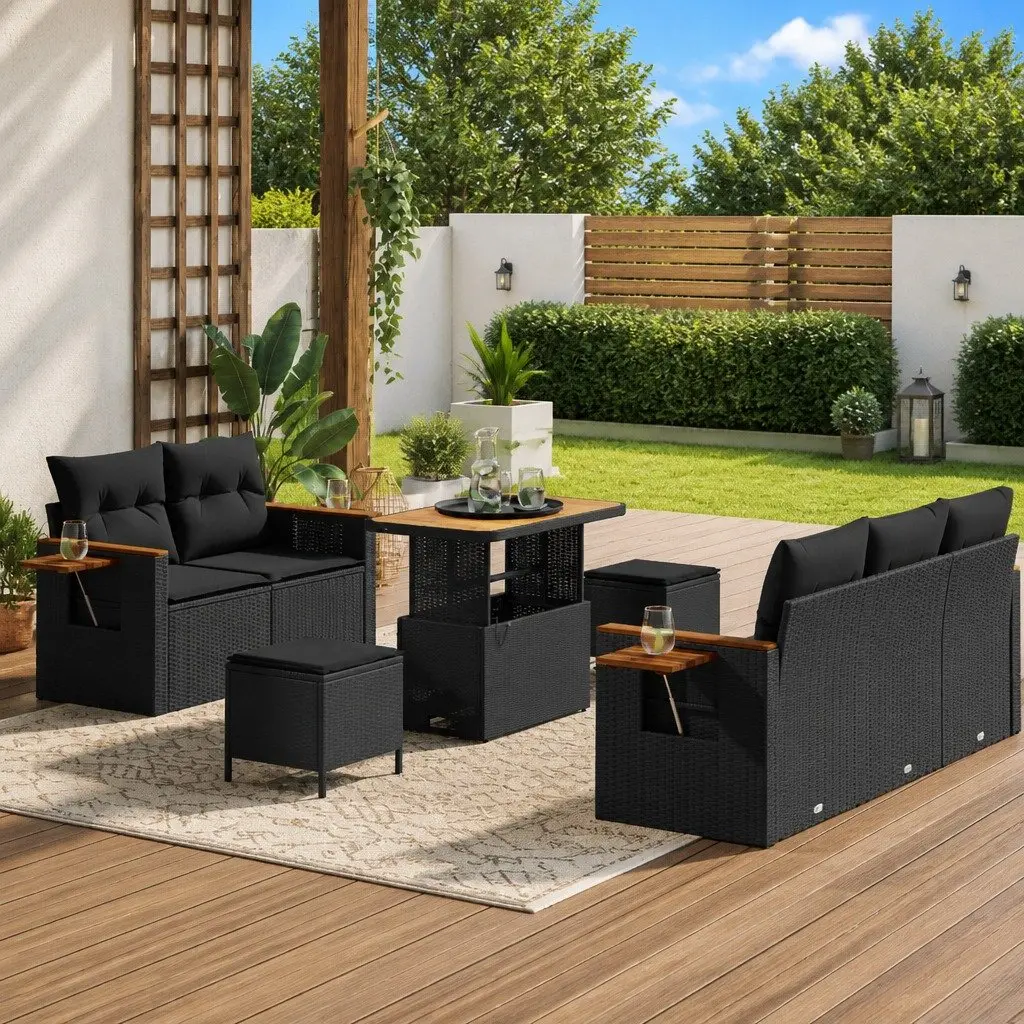 Black Modular Garden Sofa Set 8 pcs Poly Rattan Furniture