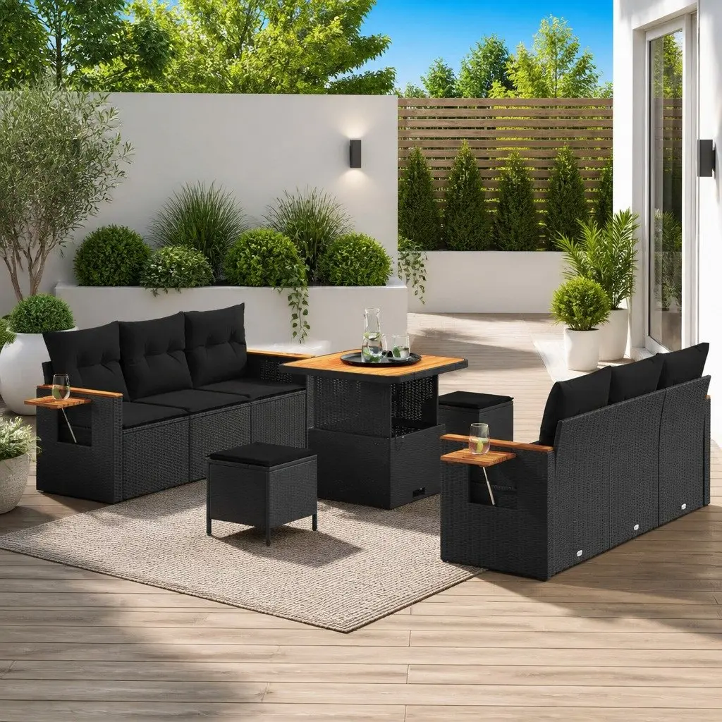 Garden Sofa Set Poly Rattan Powder Coated Steel Solid Acacia Wood 9 Piece Black Modular Patio