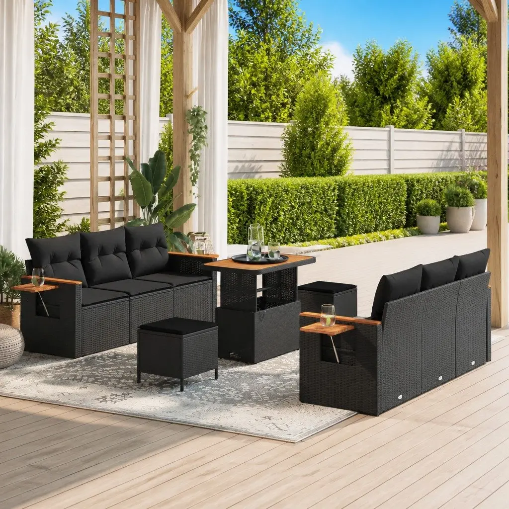 Modular Black Rattan Garden Sofa Set 9 Pieces