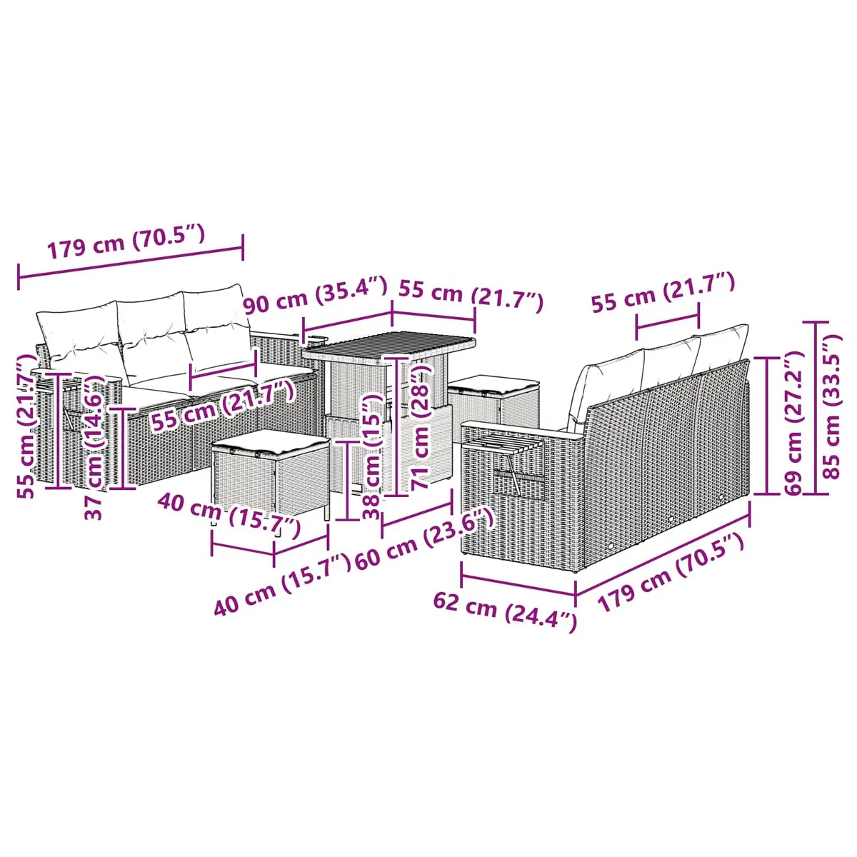 Modular Black Rattan Garden Sofa Set 9 Pieces