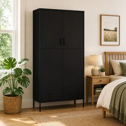 Wardrobe Cabinet Black Steel Storage Cupboard Clothing Organiser 4 Shelves