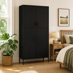 Durable Black Steel Wardrobe Cabinet with 4 Adjustable Shelves