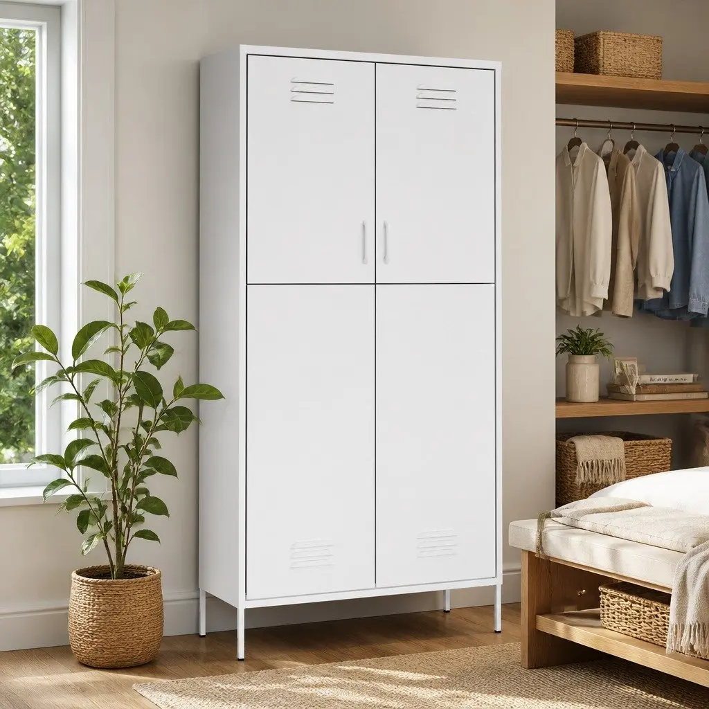 White Steel Wardrobe with 4 Shelves and Hanging Rod