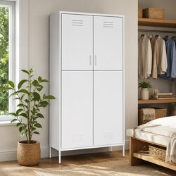 Durable White Steel Wardrobe with 4 Shelves and Hanging Rod