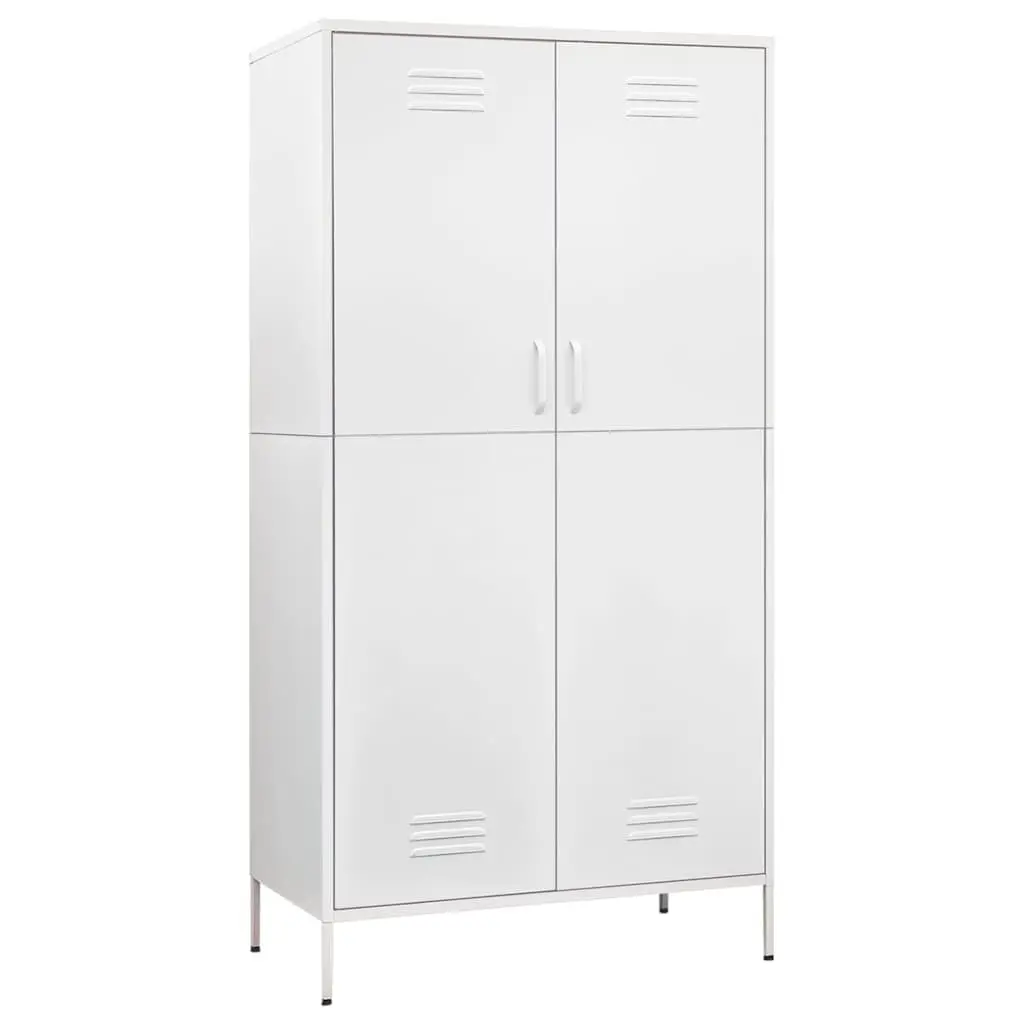 White Steel Wardrobe with 4 Shelves and Hanging Rod