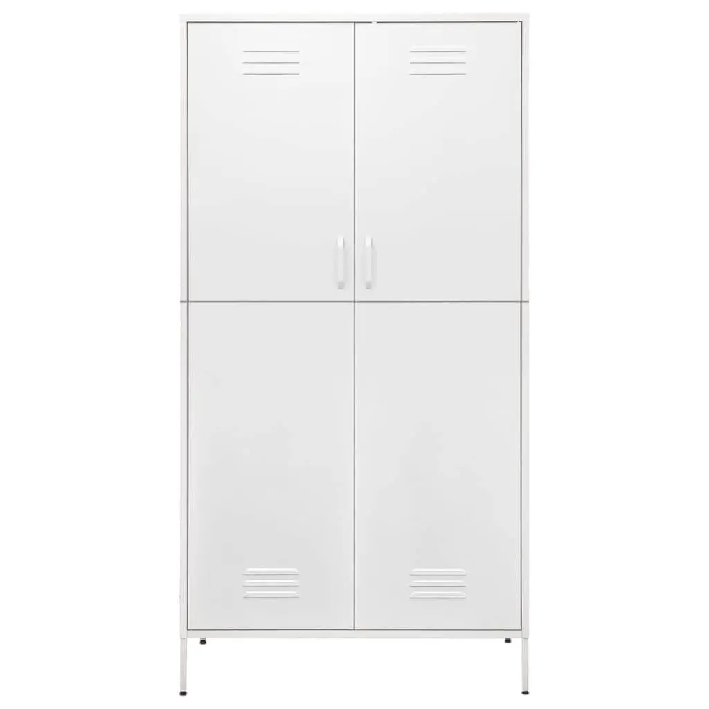 White Steel Wardrobe with 4 Shelves and Hanging Rod