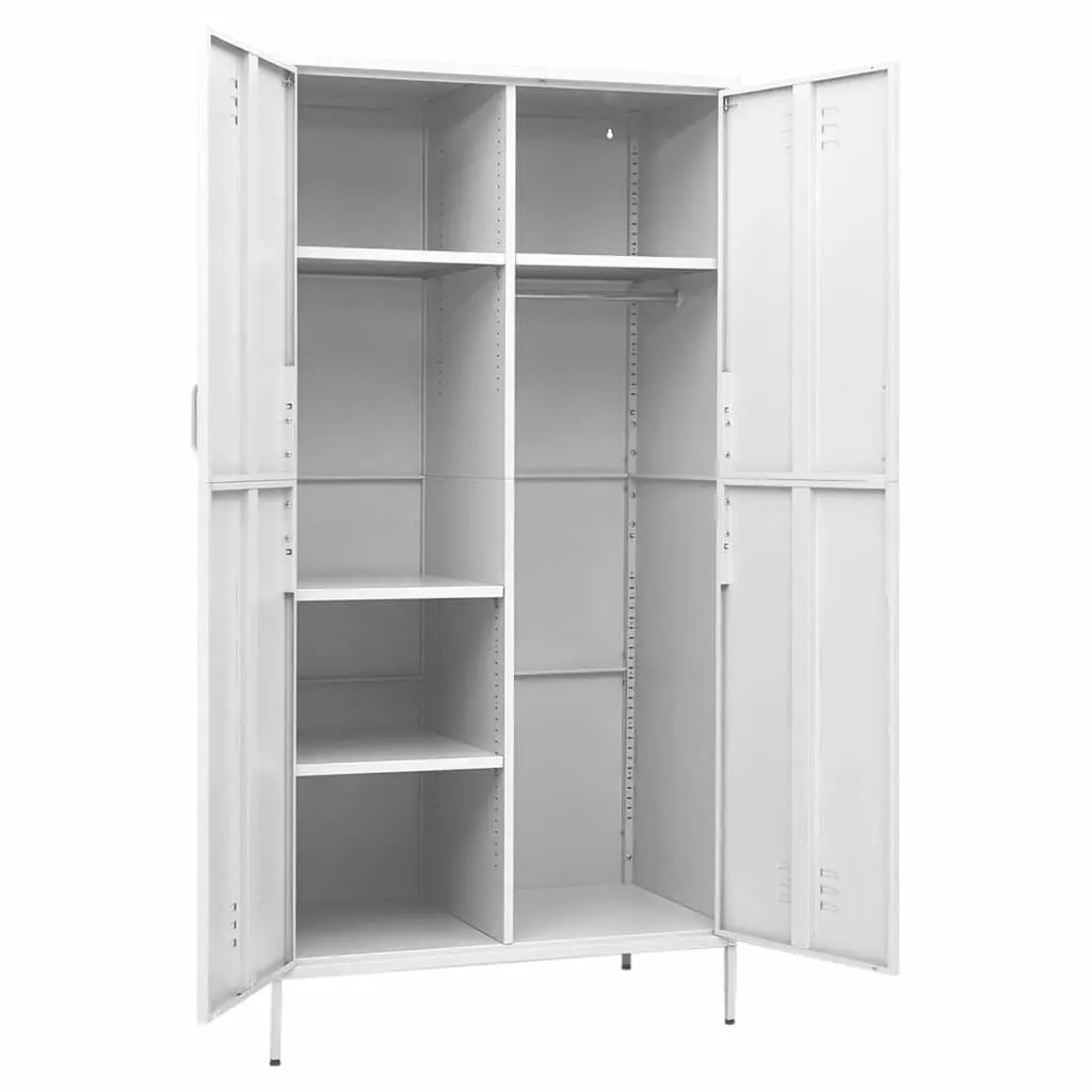 White Steel Wardrobe with 4 Shelves and Hanging Rod