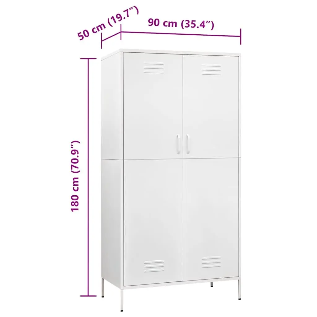 White Steel Wardrobe with 4 Shelves and Hanging Rod