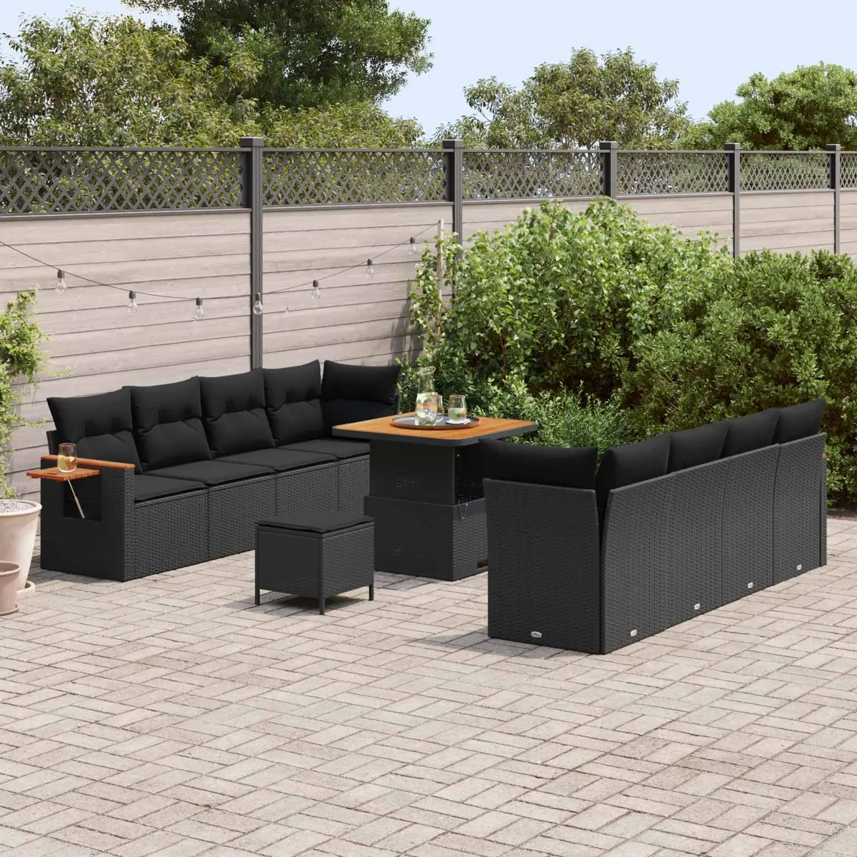 Garden Sofa Set Poly Rattan Solid Acacia Wood 11 Pieces Black Modular Outdoor Furniture