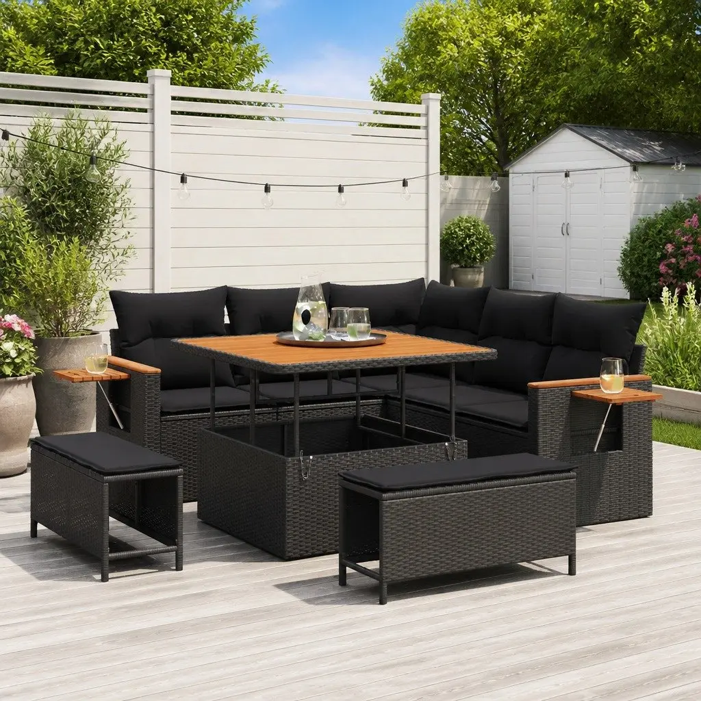 Black Rattan Garden Sofa Set 8 Piece Durable Outdoor Seating