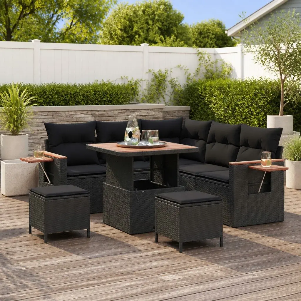 8-Piece Black Poly Rattan Outdoor Sofa Set for Patios