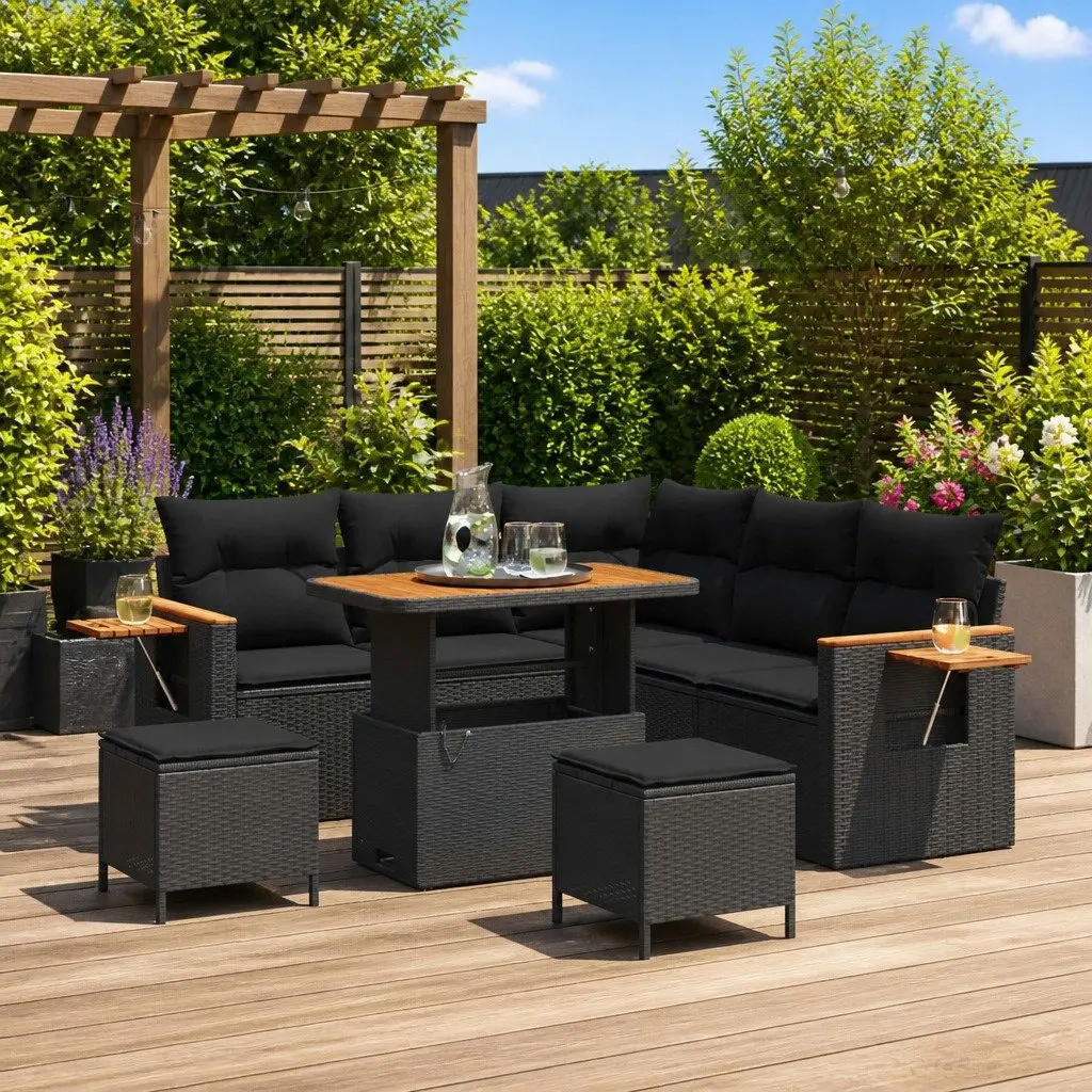 8-Piece Black Poly Rattan Modular Sofa Set for Outdoors