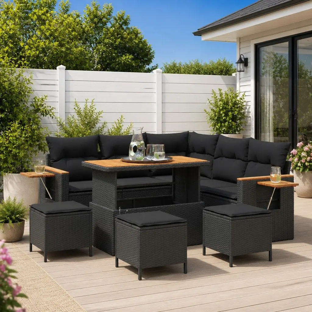 9-Piece Black Modular Garden Sofa Set for Outdoor Spaces