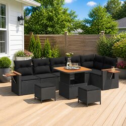 Modular 9-Piece Black Poly Rattan Outdoor Sofa Set