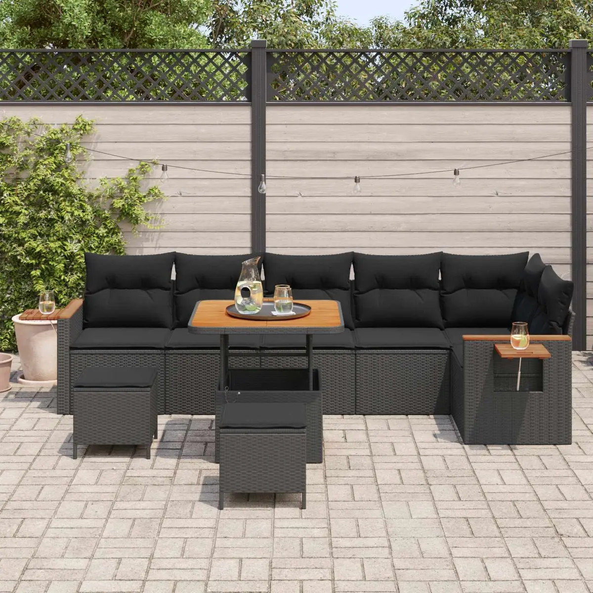 Modular 9-Piece Black Poly Rattan Outdoor Sofa Set