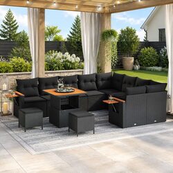 Black Modular Outdoor Sofa Set 12 Pieces with Acacia Wood