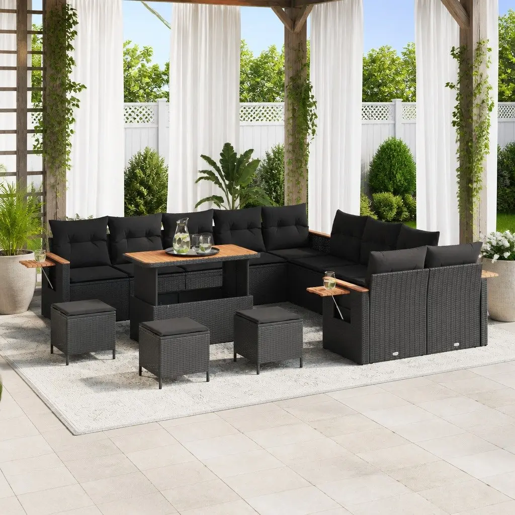 Outdoor Garden Sofa Set Poly Rattan Powder-Coated Steel Acacia Wood 14 Pieces Black
