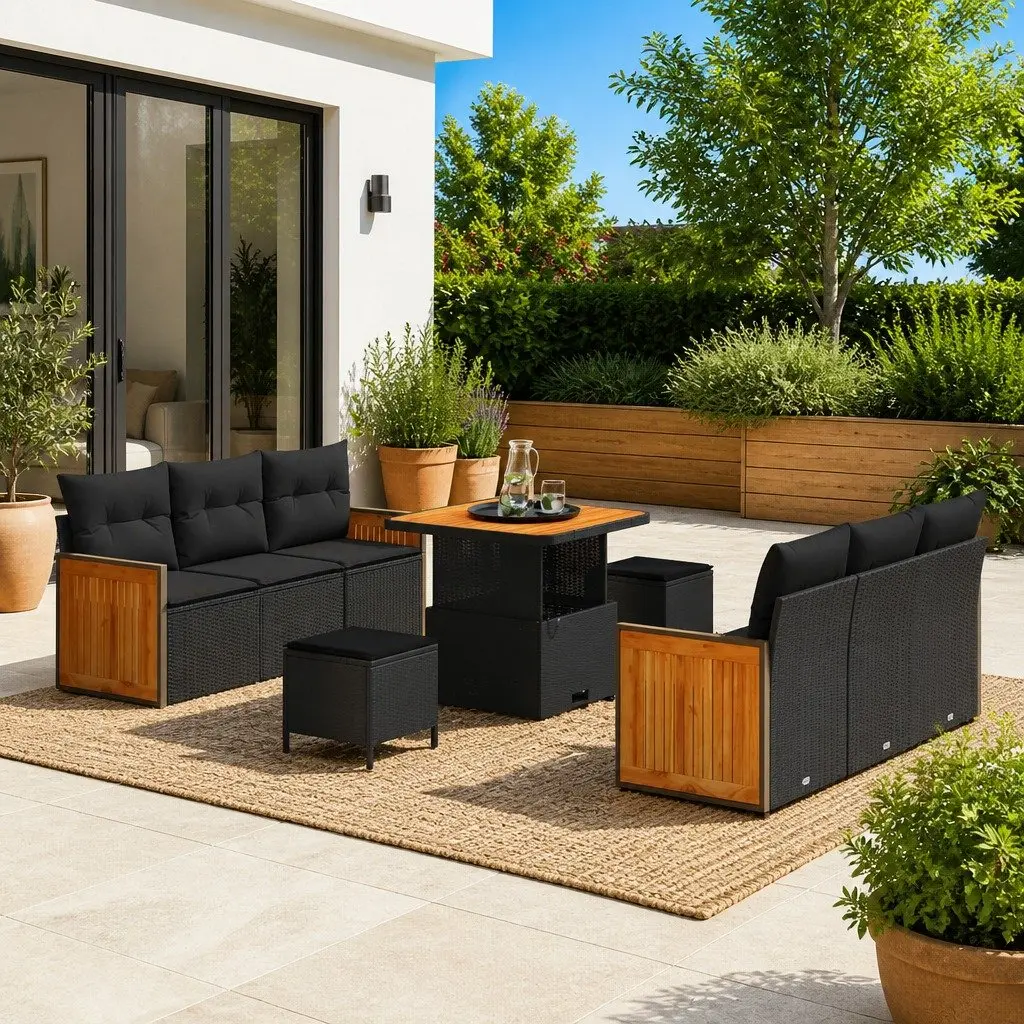Garden Sofa Set Poly Rattan Steel 9 Piece Black Outdoor Seating Patio Furniture