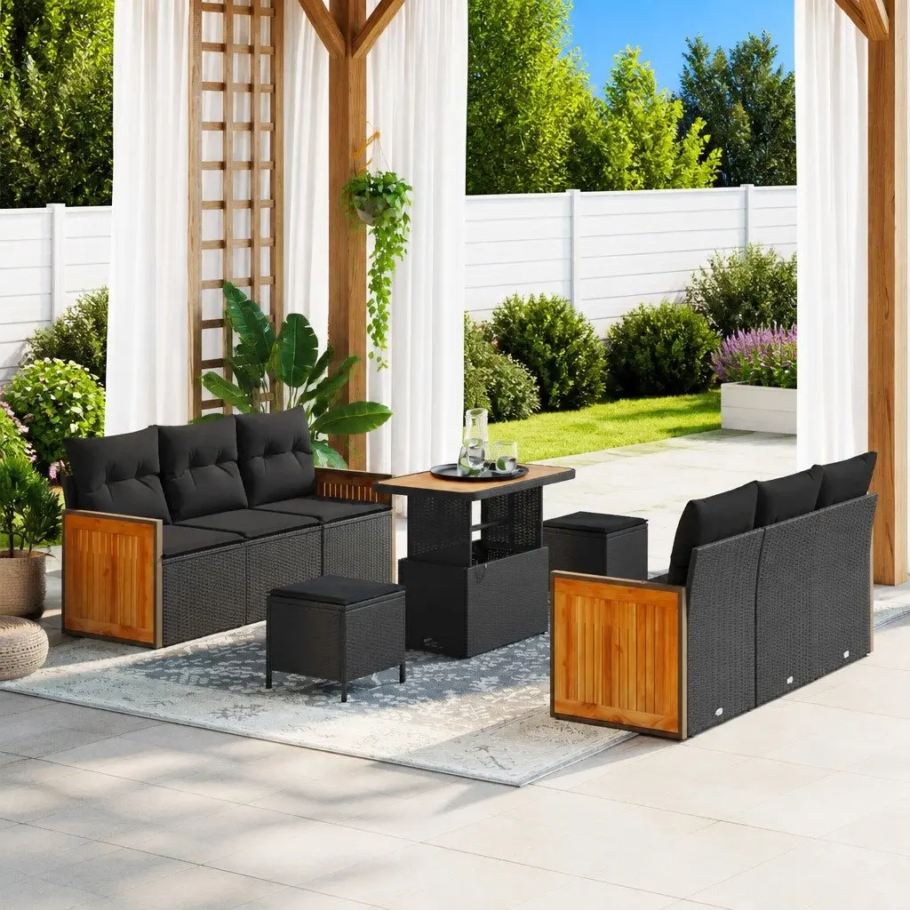 Garden Sofa Set Poly Rattan 9 Piece Outdoor Seating Black