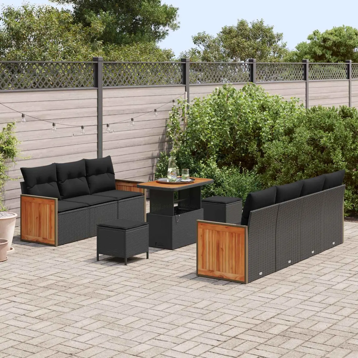 Black Garden Sofa Set with Cushions 10 pcs