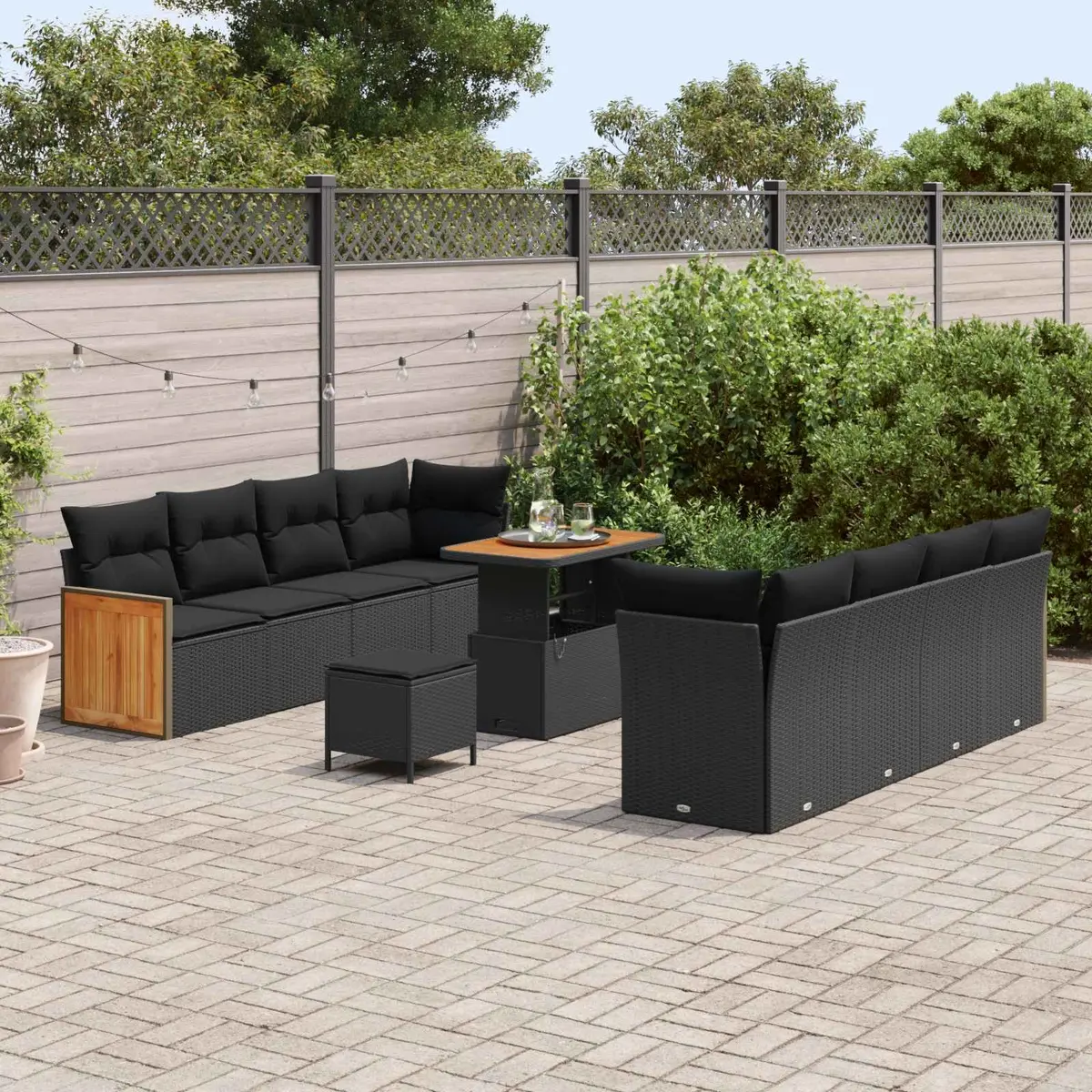 Outdoor Garden Sofa Set Poly Rattan Steel Frame Acacia Wood 11 Pieces Black