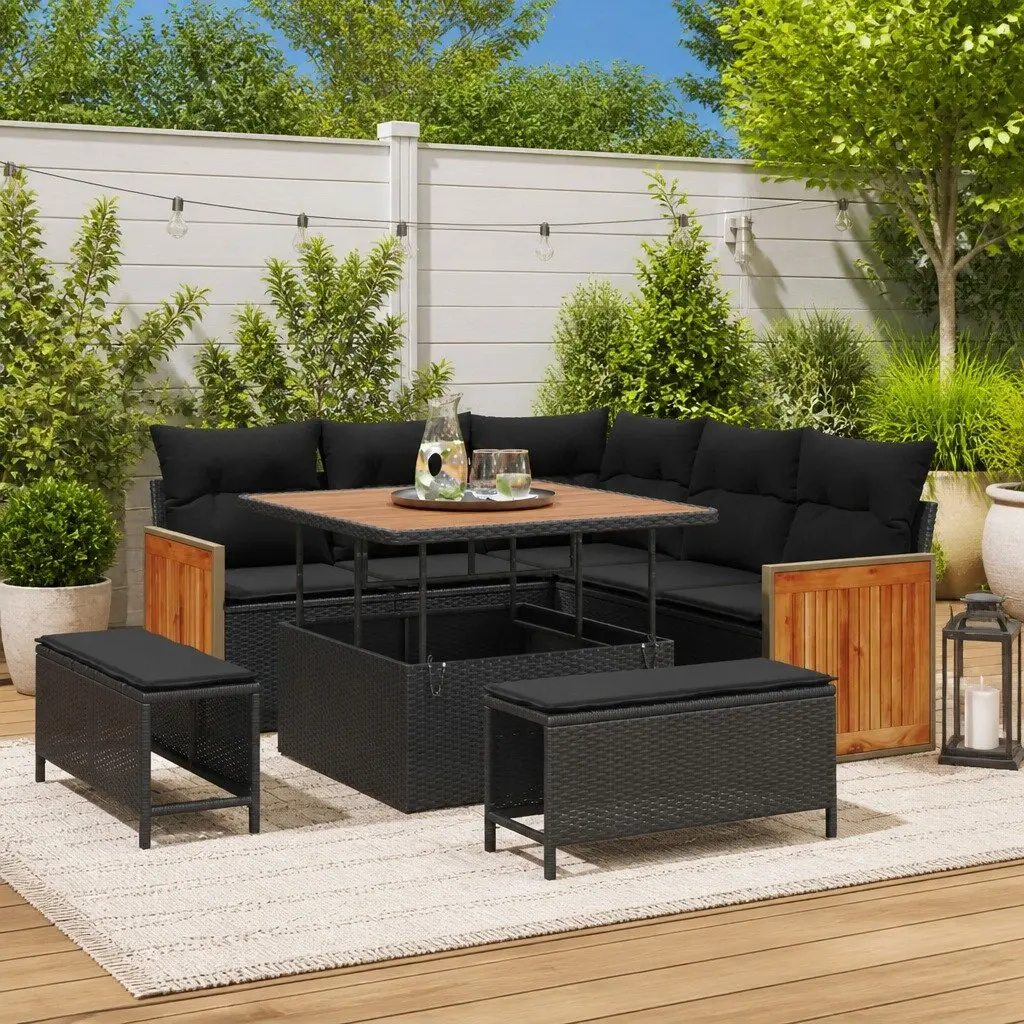 8-Piece Black Poly Rattan Garden Sofa Set