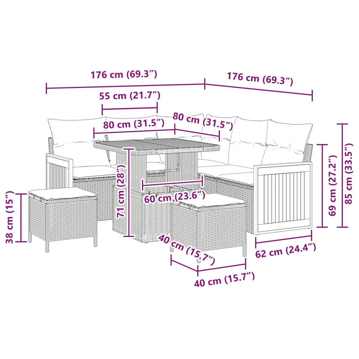 8-Piece Black Poly Rattan Garden Sofa Set