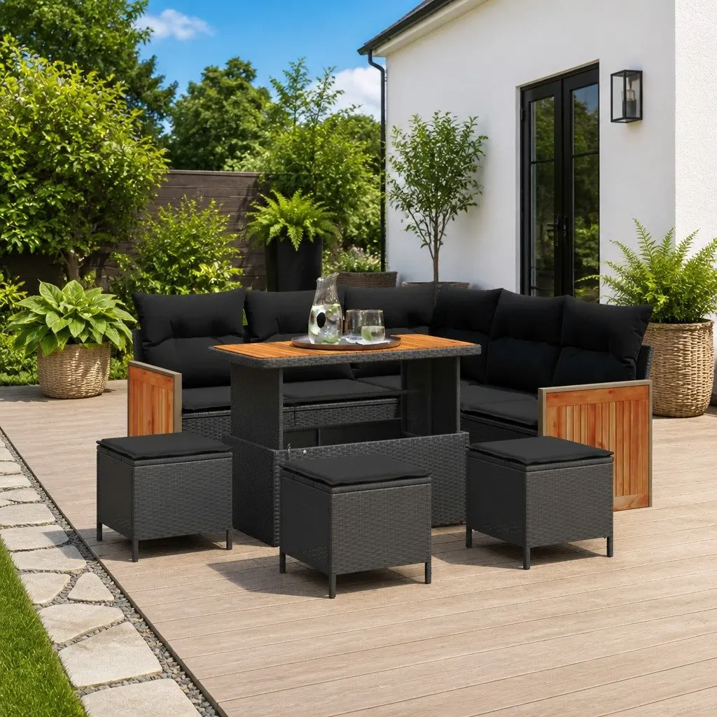 Black Poly Rattan Outdoor Sofa Set 9 pcs for Patio