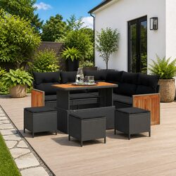 Black Poly Rattan Outdoor Sofa Set 9 pcs for Patio