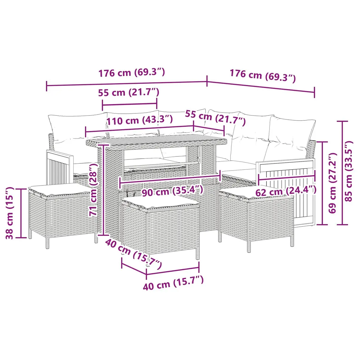 Black Poly Rattan Outdoor Sofa Set 9 pcs for Patio