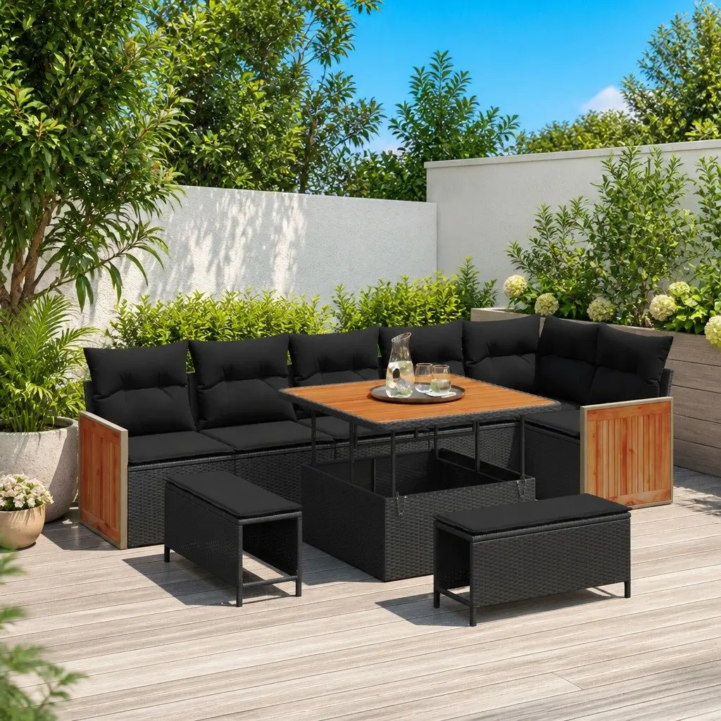 Garden Sofa Set Poly Rattan Steel Frame 9 Piece Black Outdoor Seating Patio Lounge