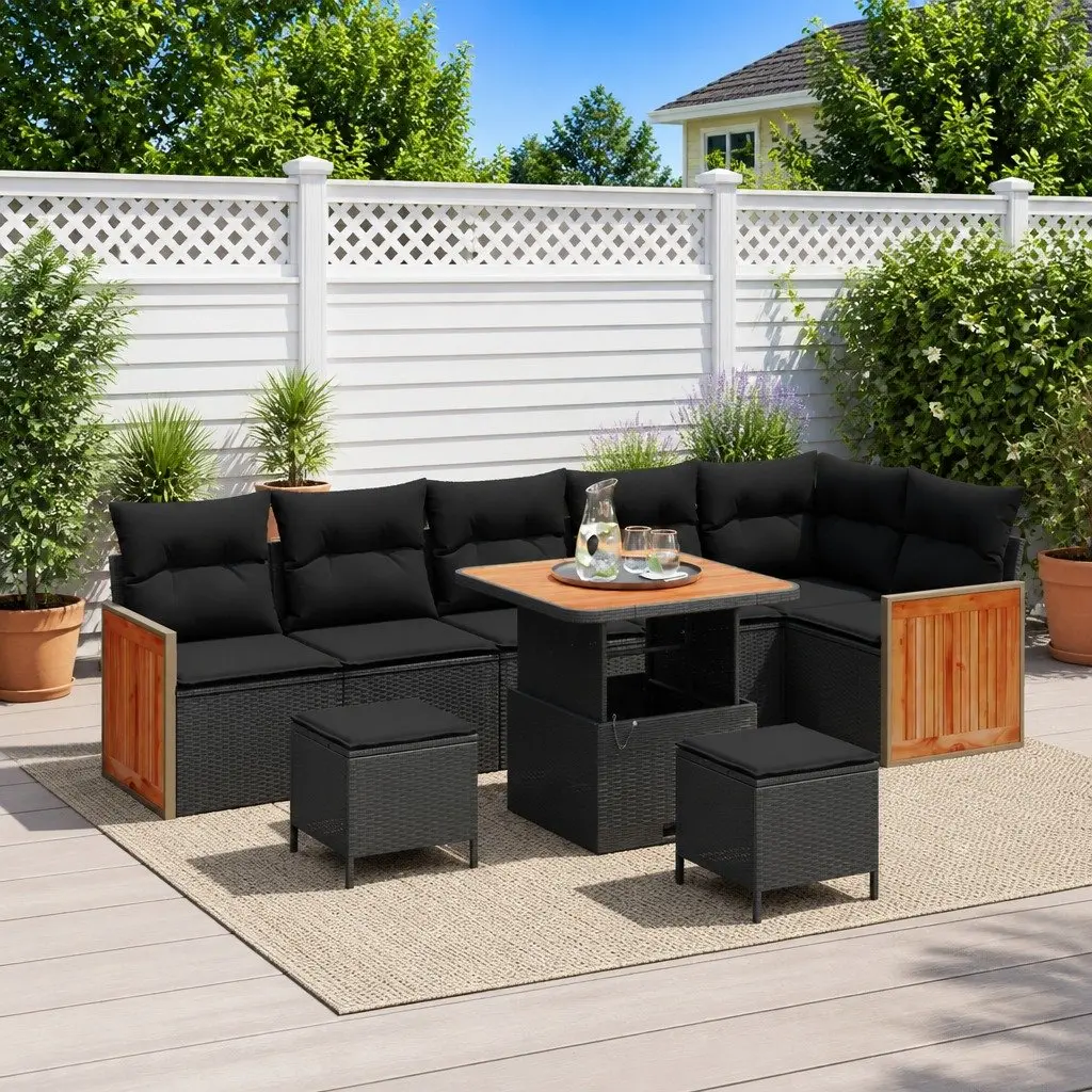 Garden Sofa Set Poly Rattan Steel Frame 9 Piece Black