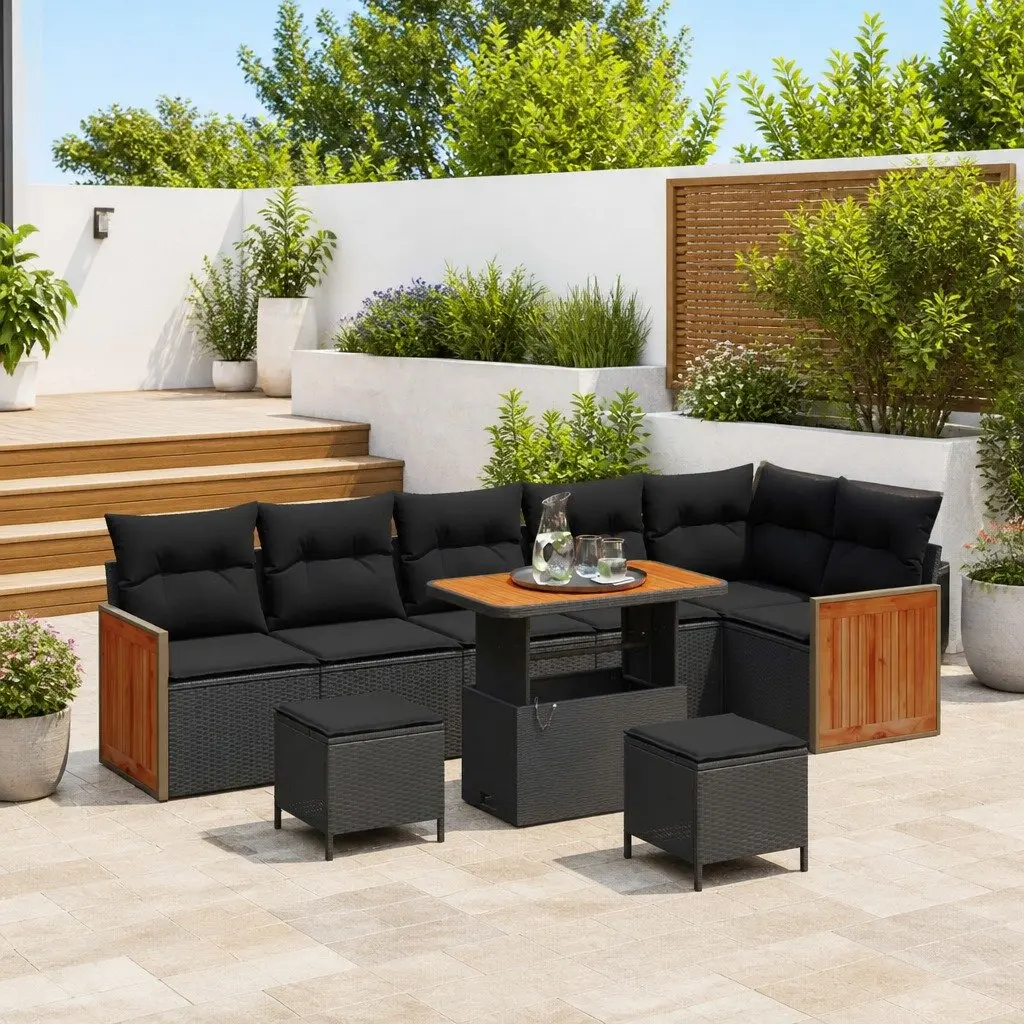 9-Piece Black Poly Rattan Garden Sofa Set
