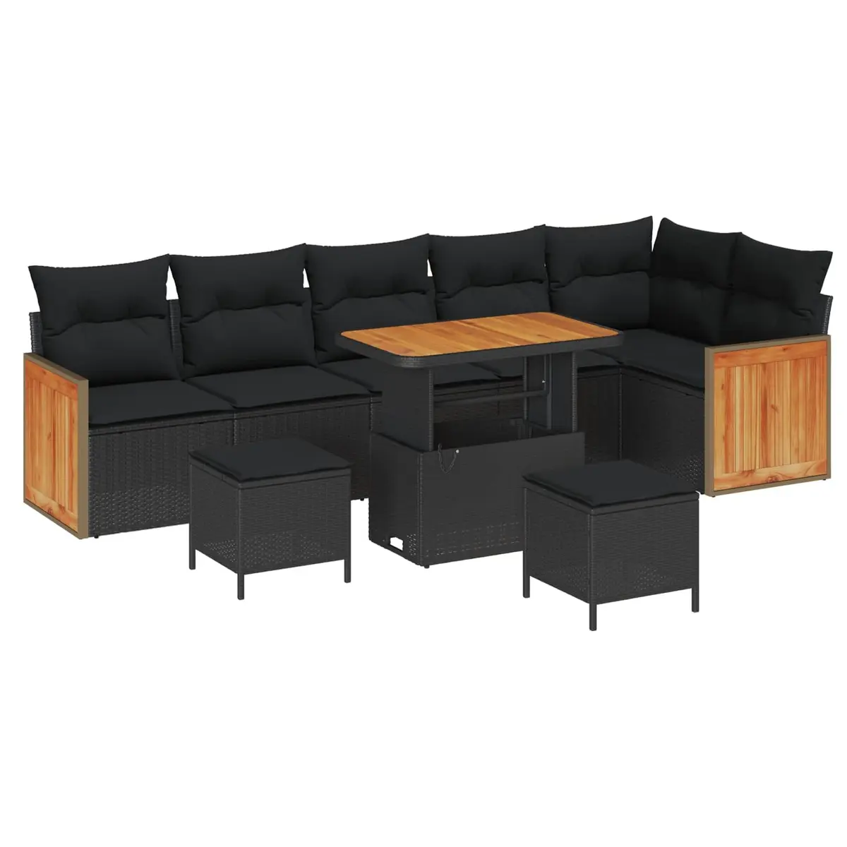 9-Piece Black Poly Rattan Garden Sofa Set
