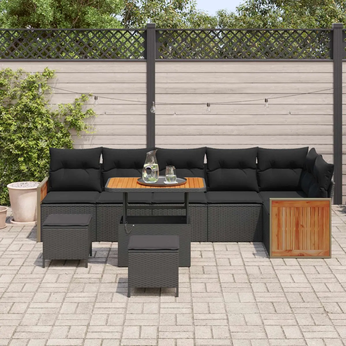 9-Piece Black Poly Rattan Garden Sofa Set