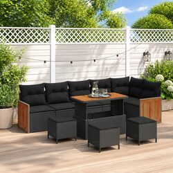 10-Piece Black Poly Rattan Outdoor Sofa Set with Cushions