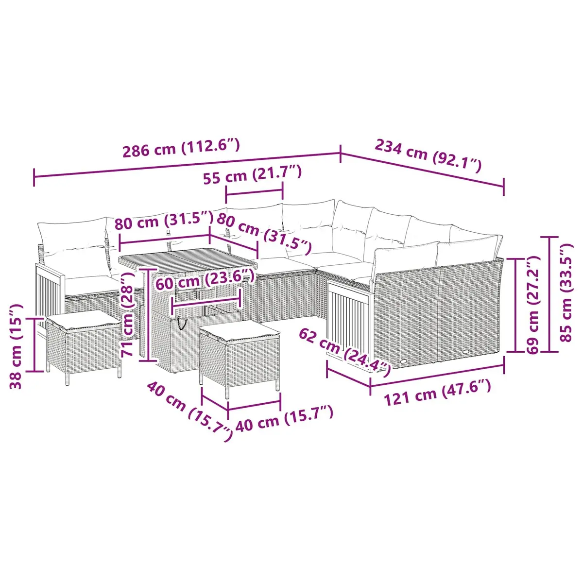 12-Piece Black Poly Rattan Garden Sofa Set