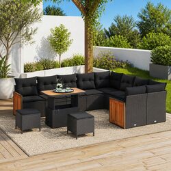 12-Piece Black Poly Rattan Outdoor Sofa Set with Cushions