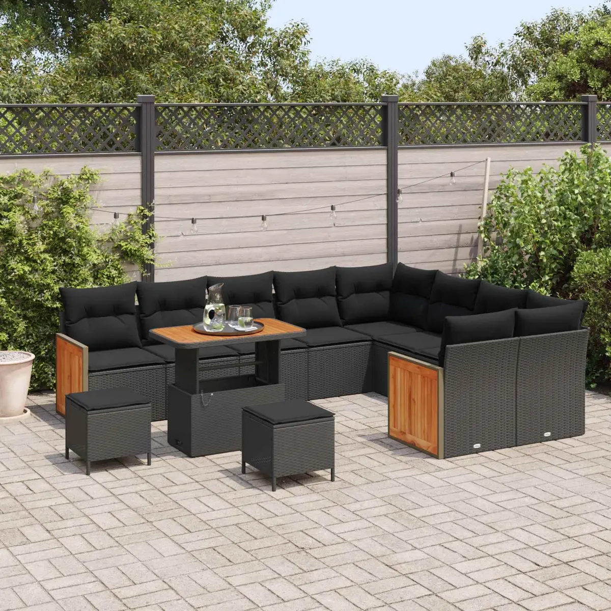 Outdoor Garden Sofa Set Poly Rattan Steel Frame Acacia Wood Black 12 Piece