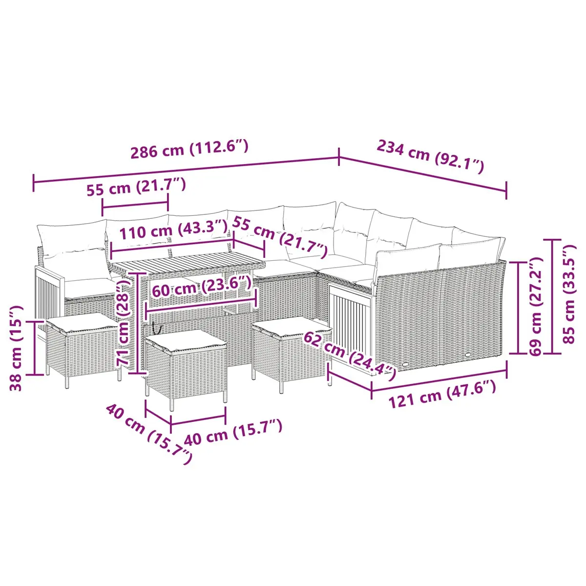 13-Piece Black Poly Rattan Garden Sofa Set