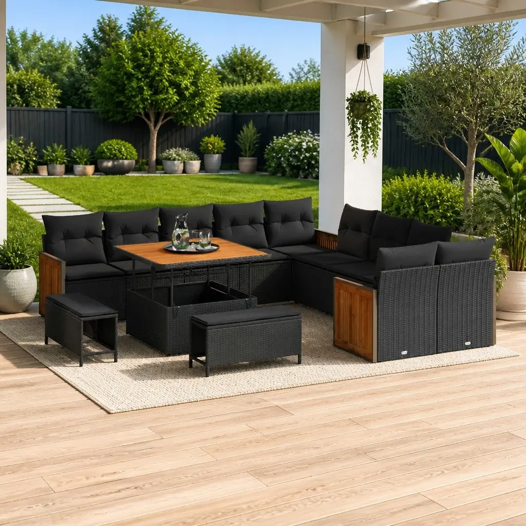 Outdoor Garden Sofa Set Poly Rattan Steel 13 Pieces Black