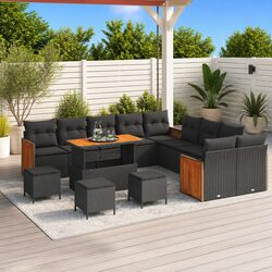Outdoor Garden Sofa Set 14 Pieces Black Poly Rattan Patio Seating with Cushions