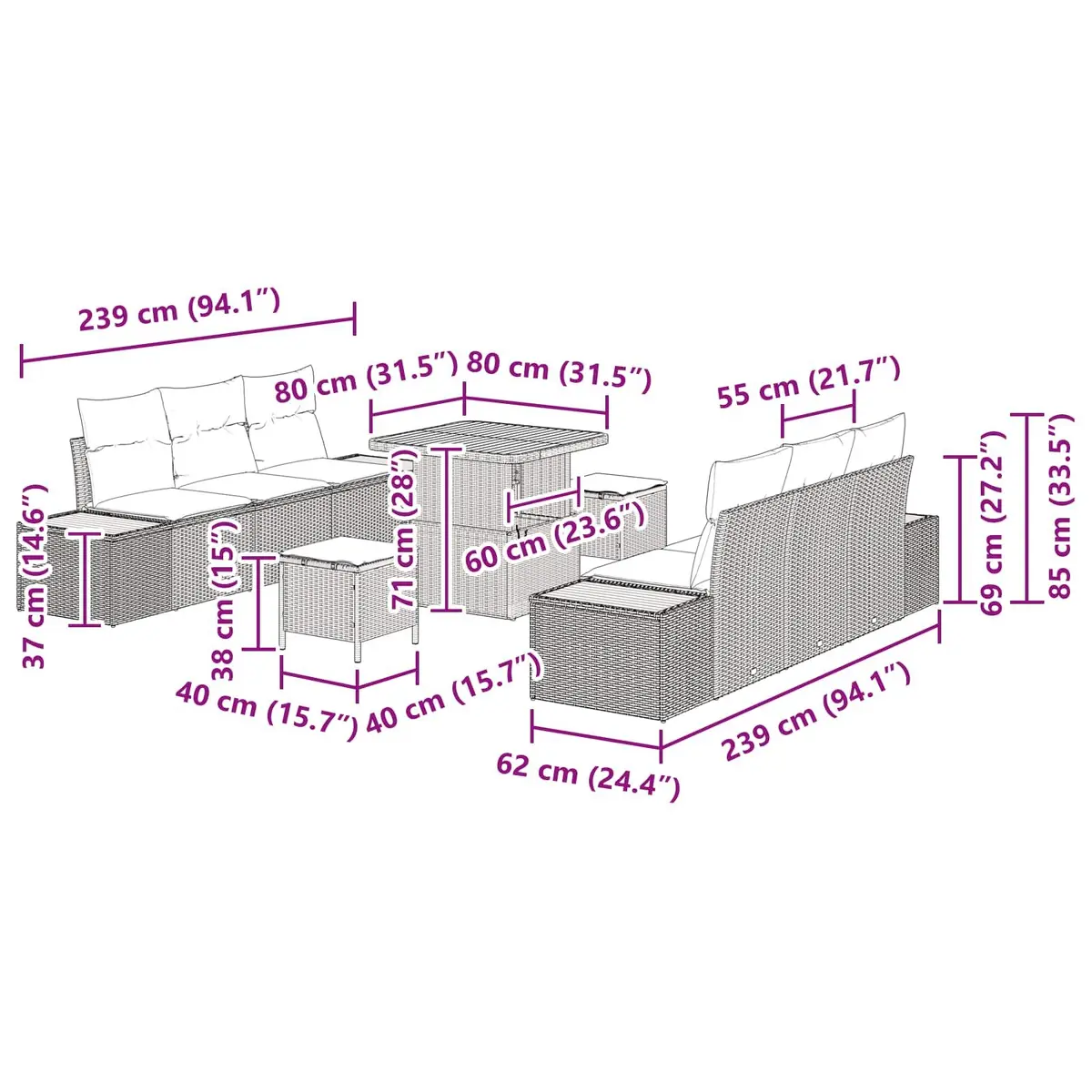 Black Modular Garden Sofa Set 9 Pieces