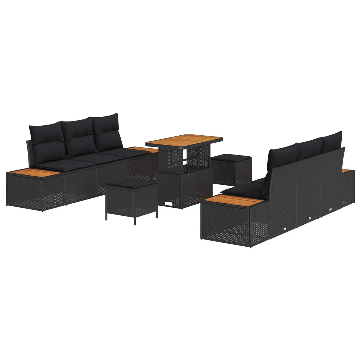 Outdoor Garden Sofa Set Poly Rattan Powder-coated Steel Frame 9 Pieces Black Modern Patio