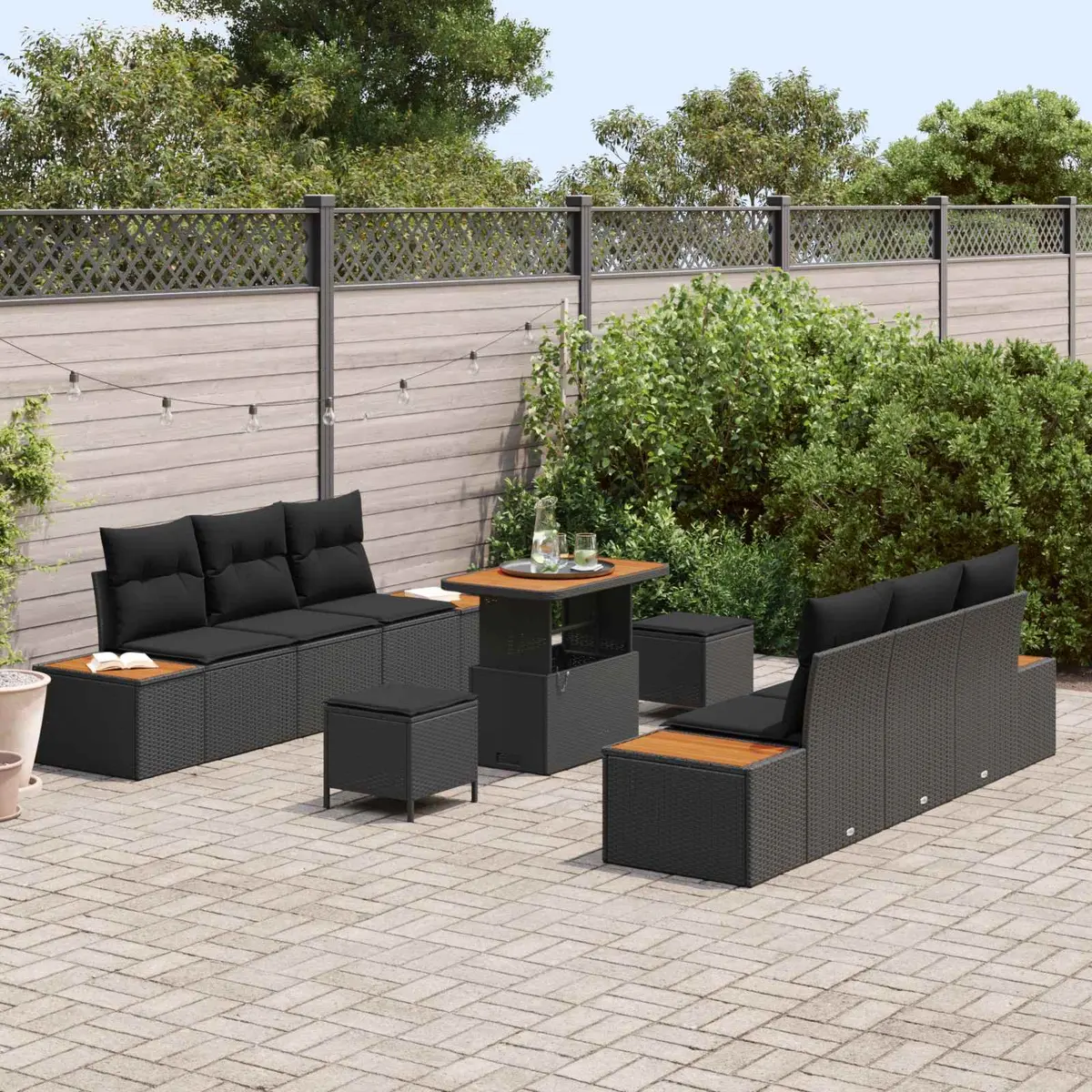 Outdoor Garden Sofa Set Poly Rattan Powder-coated Steel Frame 9 Pieces Black Modern Patio