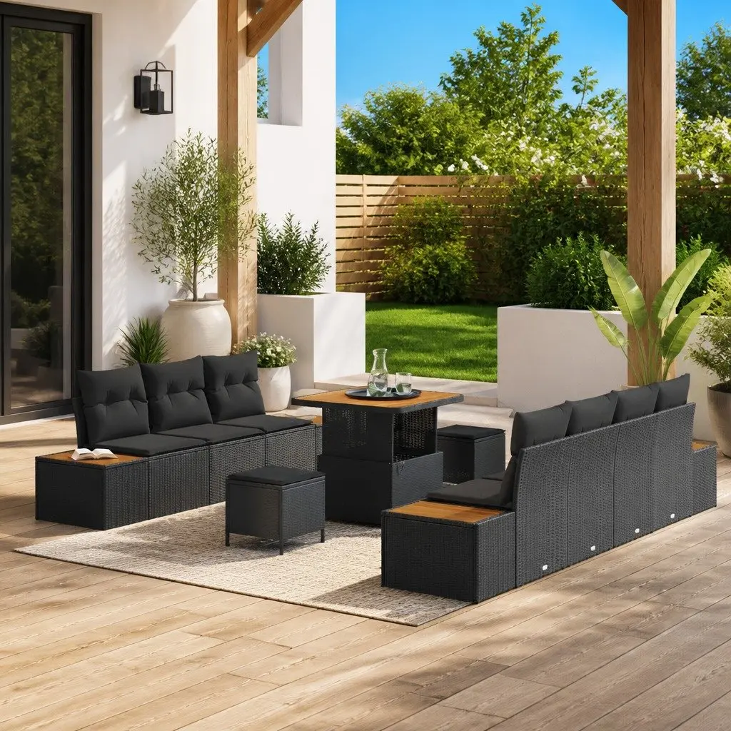 10 Piece Black Poly Rattan Garden Sofa Set