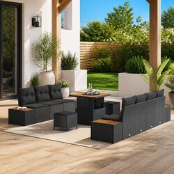 High-Quality 10 Piece Black Poly Rattan Garden Sofa Set