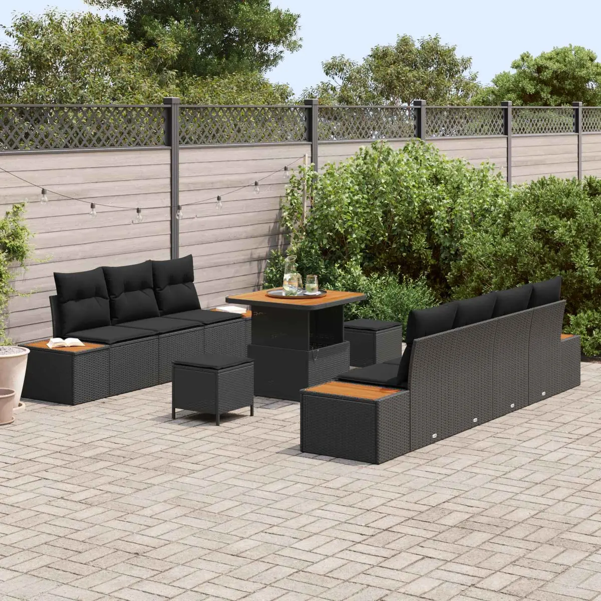 10 Piece Black Poly Rattan Garden Sofa Set