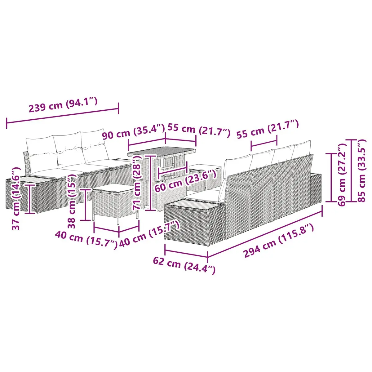 10 Piece Modular Patio Sofa Set with Cushions